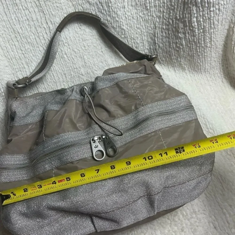 Juicy Couture Nylon taupe & cotton silver shimmery hobo bag leather strap